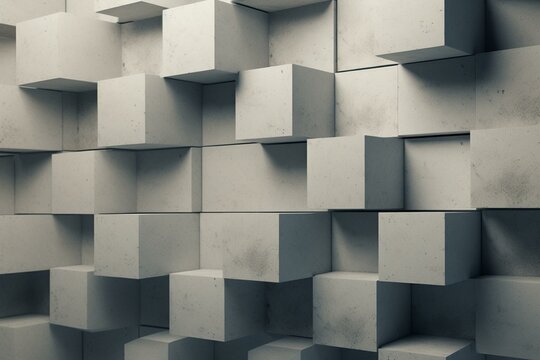 Geometric concrete cubes forming an abstract 3D background with random placement. Polygonal shapes in a horizontal format. Generative AI © Victoria