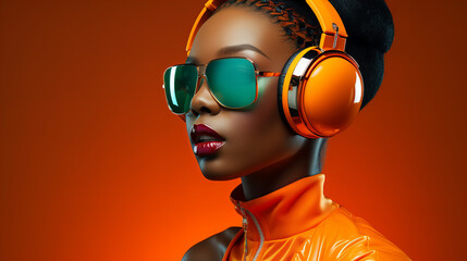 Young african american woman listening to music. High fashion studio portrait of black model with sunglasses, headphones and beautiful makeup on neon orange colourful background, copy space - obrazy, fototapety, plakaty