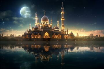 Stunning mosque shimmering under a crescent moon. Generative AI - obrazy, fototapety, plakaty