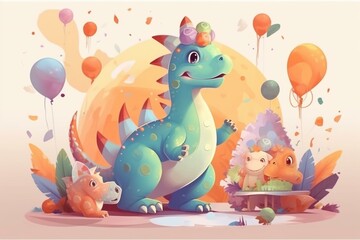 Obraz na płótnie Canvas Fun dinosaur birthday celebration with cute character, cake, confetti, balloons on pastel background. Generative AI