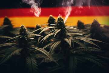 The Blend of Tradition and Change: Germany's Flag Amidst Cannabis Buds Celebrating Legalization - obrazy, fototapety, plakaty