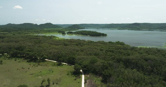 Great River Scenic Byway along the vast, majestic Mississippi River. Aerial.