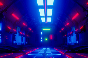 Sci-Fi grunge  corridor background illuminated with neon lights 3d render