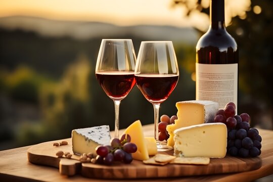 Glasses of Red Wine served with a wooden cheese board with nuts and grapes, professional food photography