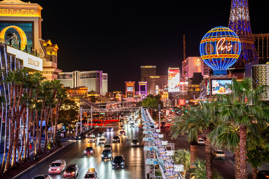LAS VEGAS, THE USA, October 2023: Main street Las Vegas Boulevard "The Strip" area during preparing  road, stands and lights by Formula 1 what will takes on November 2023 year in Las Vegas, Nevada.