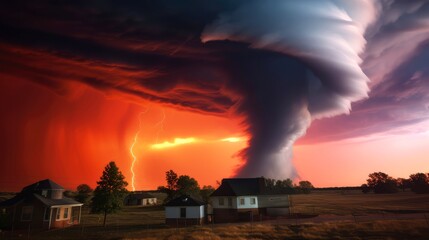 Fototapeta na wymiar Tornado in stormy landscape, thunder storm, climate change, natural disaster