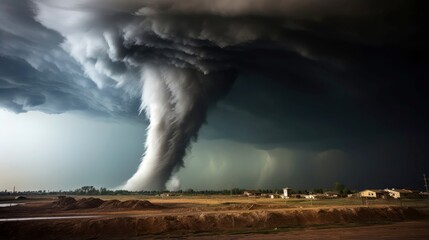 Naklejka na ściany i meble Tornado in stormy landscape, thunder storm, climate change, natural disaster
