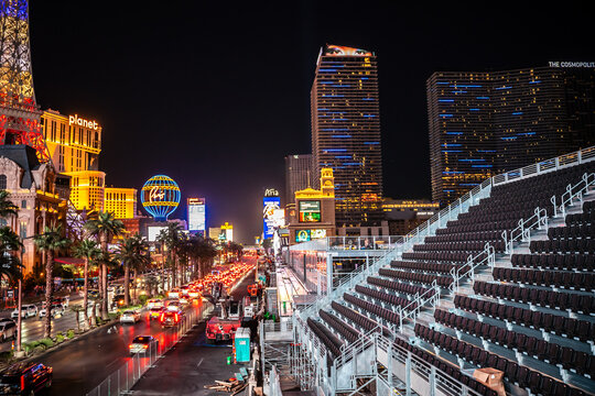 LAS VEGAS, THE USA, October 2023: Main street Las Vegas Boulevard "The Strip" area during preparing  road, stands and lights by Formula 1 what will takes on November 2023 year in Las Vegas, Nevada.