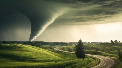 Naklejka na ściany i meble Tornado in stormy landscape, thunder storm, climate change, natural disaster