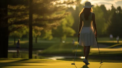 Poster Silhouette of a woman in golf course, young professional female golf player hit sweeping and keep golf course doing golf swing, exercise for relax time © Anastasiia