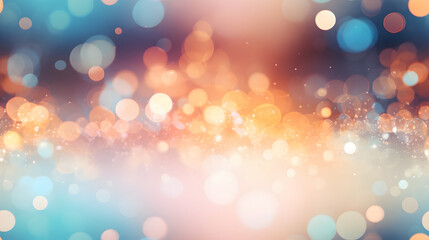 Bokeh background, blue and orange base, contrasting pastel tones, glittering and shiny lights out of focus.