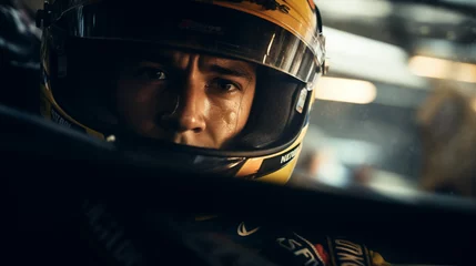 Gordijnen Champion's Resolve: Formula 1 Driver's Intent Gaze, generative ai © Adolfo Perez Design