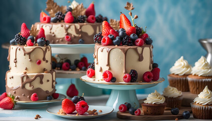 A mouthwatering display of beautifully decorated cakes and cupcakes, Created with Generative AI Technology