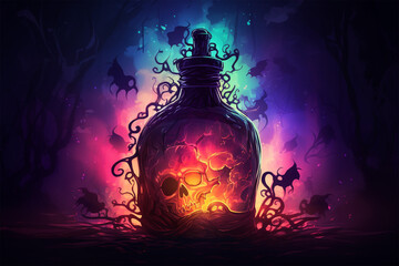 horror illustration of a bottle of poisonous potion - obrazy, fototapety, plakaty