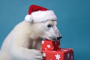 Adorable polar bear wearing Santa hat and holding a giftbox. Generative AI