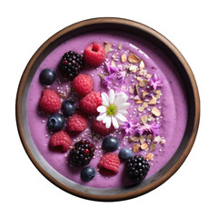 Purple smoothie bowl topped with assorted nuts and berries, transparent background (PNG)