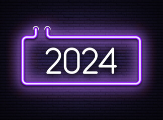 2024 New Year white paper word banner on purple neon rectangle lamp wall sign.