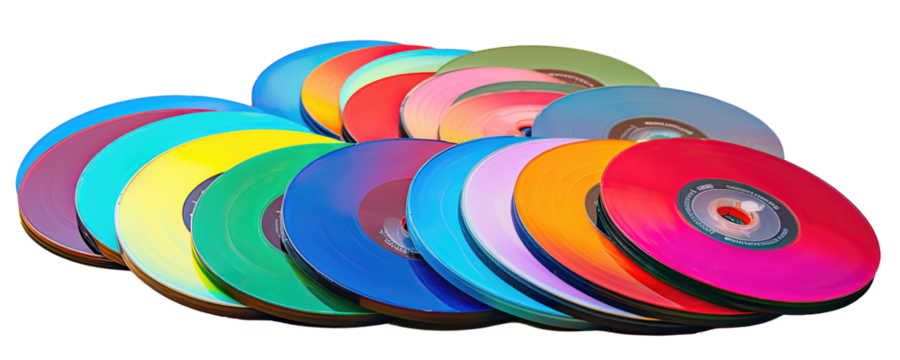 Colorful assortment of CD-ROMs, transparent background (PNG)