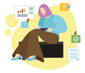 Girl sitting with a pen and notebook, brainstorm, design for business, vector illustration