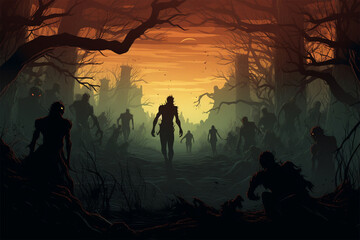 scary zombie silhouette horror illustration - obrazy, fototapety, plakaty