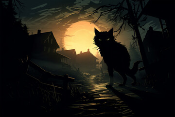 horror illustration of scary black cat silhouette