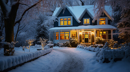 Exterior of Scandinavian house lit by warm lighting in the snow - obrazy, fototapety, plakaty