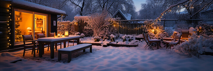 Exterior of Scandinavian house lit by warm lighting in the snow - obrazy, fototapety, plakaty