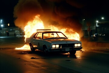 Fototapeta na wymiar burning vehicle surrounded by flashing police lights. Generative AI