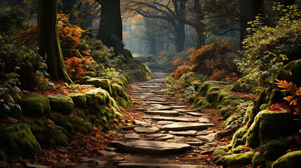 path in autumn forest HD 8K wallpaper Stock Photographic Image - obrazy, fototapety, plakaty