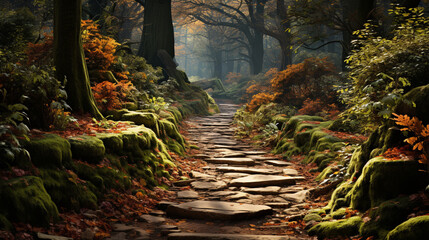 path in autumn forest HD 8K wallpaper Stock Photographic Image