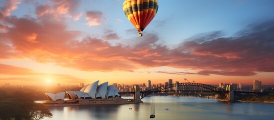Panoramic view of Sydney Harbour Bridge and Sydney Opera House at sunset