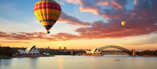 Panoramic view of Sydney Harbour Bridge and Sydney Opera House at sunset