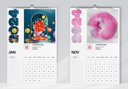 Coloured Render Wall Calendar 2024 Layout