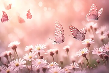 Branches blossoming cherry  fluttering butterflies in spring on nature outdoors concept 