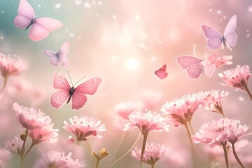 Beautiful floral design of gentle pink roses  with fluttering butterflies 