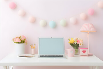 This modern workspace's blush pink, Feminine workspace, laptop, pastel pink background.