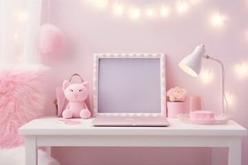 Pastel room with desk for space work, Feminine workspace, Mockup poster on the wall in pink interior, teddy cat, laptop, Cute interior of a children's room. Flowers, pastel pink.