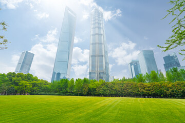 Panoramic city skyline with green lawn in Shanghai
