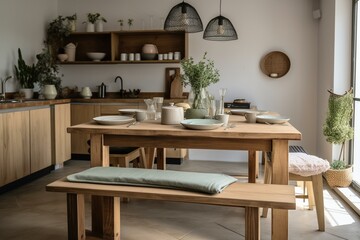 Fototapeta na wymiar cozy dining setup with wooden table and healthy meal in a welcoming kitchen;. Generative AI
