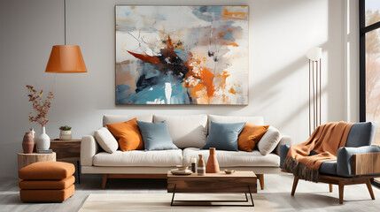 Modern Living Room: Beige Sofa with Earth-Toned Pillows and Art Poster on White Wall