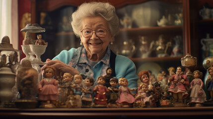 A grandma showing off her prized collection of antique dolls