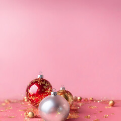 Fototapeta na wymiar Pink Christmas Wallpaper, beautiful glass Baubles on the desk with golden flakes and sparkly decor. Festive Elegant Feminine Backdrop