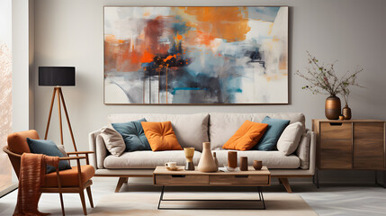 Modern Living Room: Beige Sofa with Earth-Toned Pillows and Art Poster on White Wall