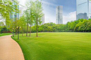 Panoramic city skyline with green lawn in Shanghai - obrazy, fototapety, plakaty