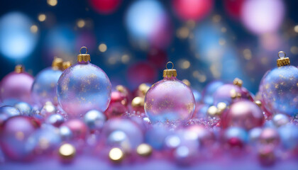 Obraz premium Shimmering Glass Christmas Baubles Backdrop. Baby Blue and pink Xmas Ornaments. Festive Beauty Golden flakes bokeh background. Happy Holidays Wallpaper. 2024 New Year. Party, copy-space, HD design