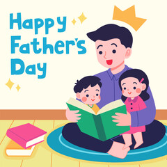 Greeting card design for Father's Day wishing and celebration. Father reading book with Daughter and son. Vector EPS illustration