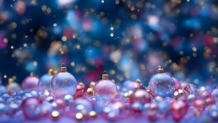Fototapeta na wymiar Shimmering Glass Christmas Baubles Backdrop, Blue and pink Ornaments, Festive Beauty Golden flakes bokeh background, Happy Holidays Wallpaper, 2024 New Year Party, copy-space, HD design