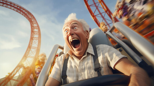 A grandpa enjoying a thrilling roller coaster ride