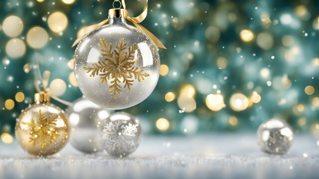 Festive Christmas Baubles, Silver and Gold, Macro Photography, Seasonal Decor. Snowflakes, gold and green bokeh background for elegant Merry Christmas and a Happy New Year 2024. Xmas 24. Festive Wall