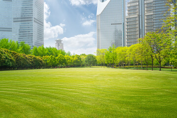 Panoramic city skyline with green lawn in Shanghai - obrazy, fototapety, plakaty